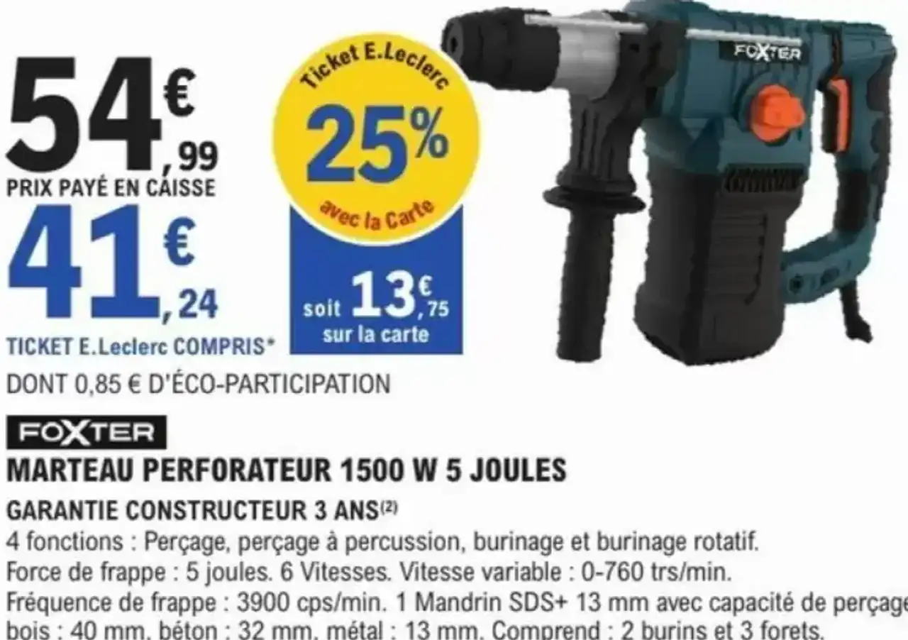 FOXTER MARTEAU PERFORATEUR 1500 W 5 JOULES