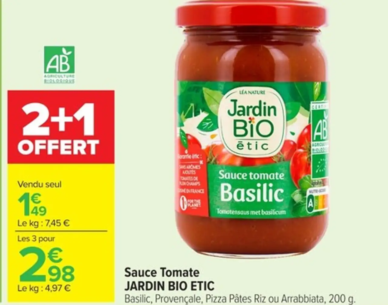 Sauce Tomate JARDIN BIO ETIC Basilic, Provençale, Pizza Pâtes Riz ou Arrabbiata