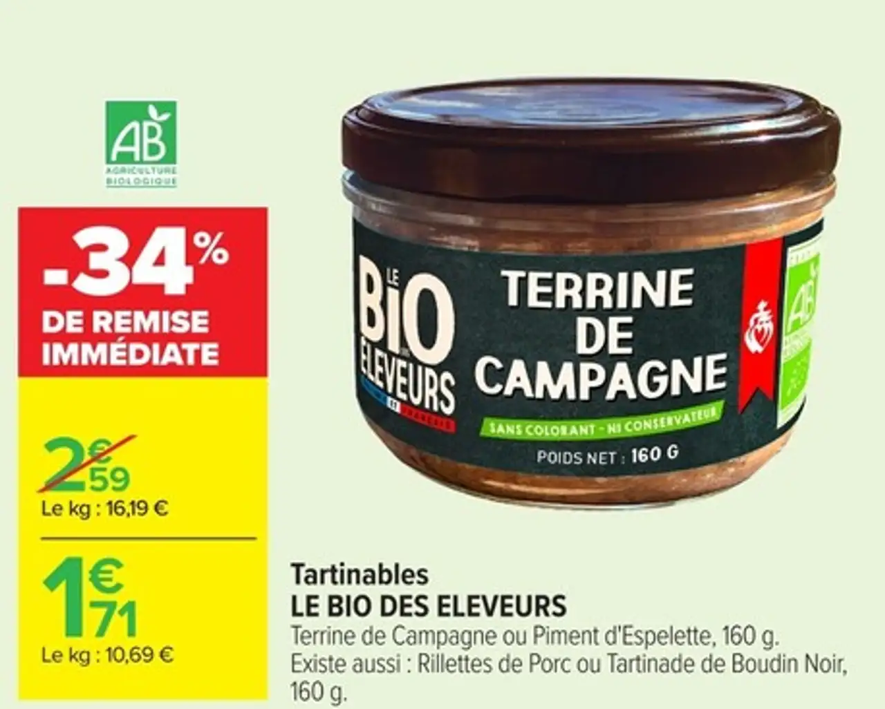 Tartinables LE BIO DES ELEVEURS Terrine de Campagne ou Piment d'Espelette