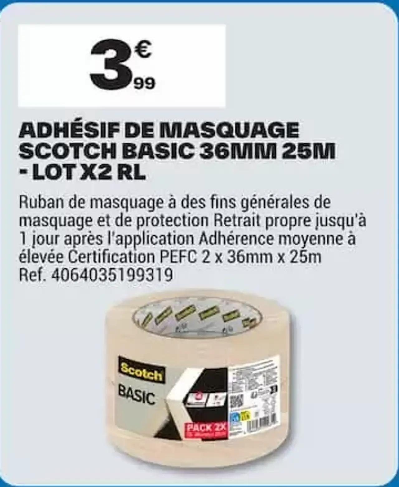 Scotch Adhésif de masquage Scotch Basic 36mm 25m - Lot x2 rl