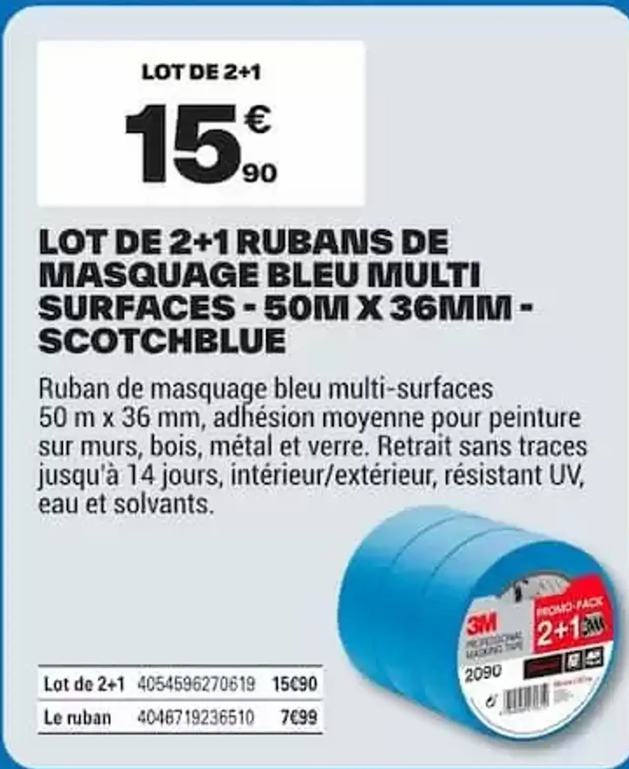 ScotchBlue Lot de 2+1 rubans de masquage bleu multi surfaces - 50m x 36mm