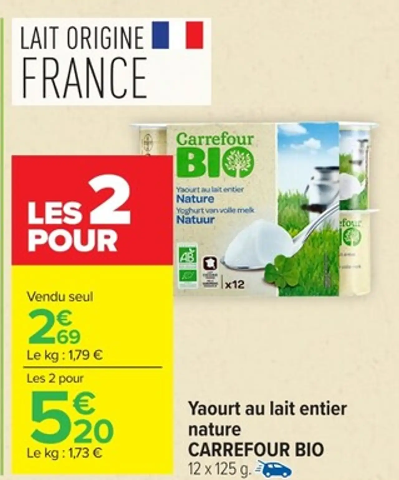Yaourt au lait entier nature CARREFOUR BIO