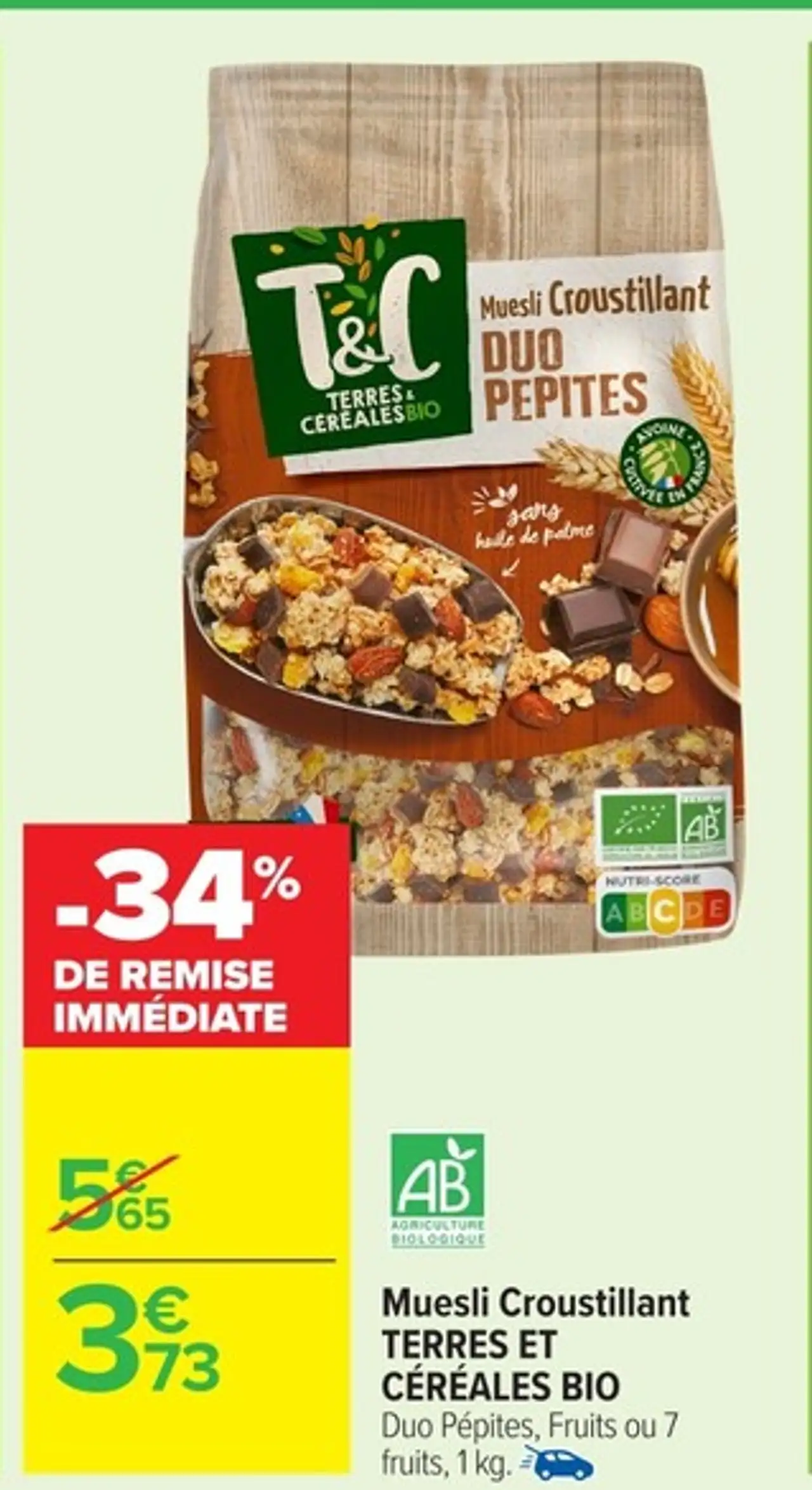 Muesli Croustillant TERRES ET CÉRÉALES BIO Duo Pépites, Fruits ou 7 fruits