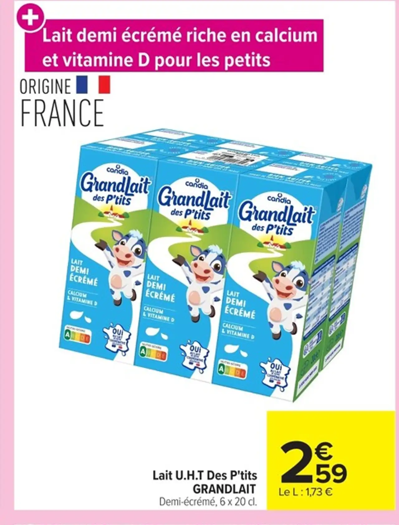 Lait U.H.T Des P'tits GRANDLAIT Demi-écrémé, 6 x 20 cl.