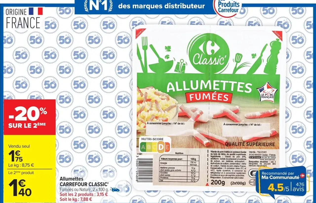 Allumettes CARREFOUR CLASSIC' Fumées ou Nature