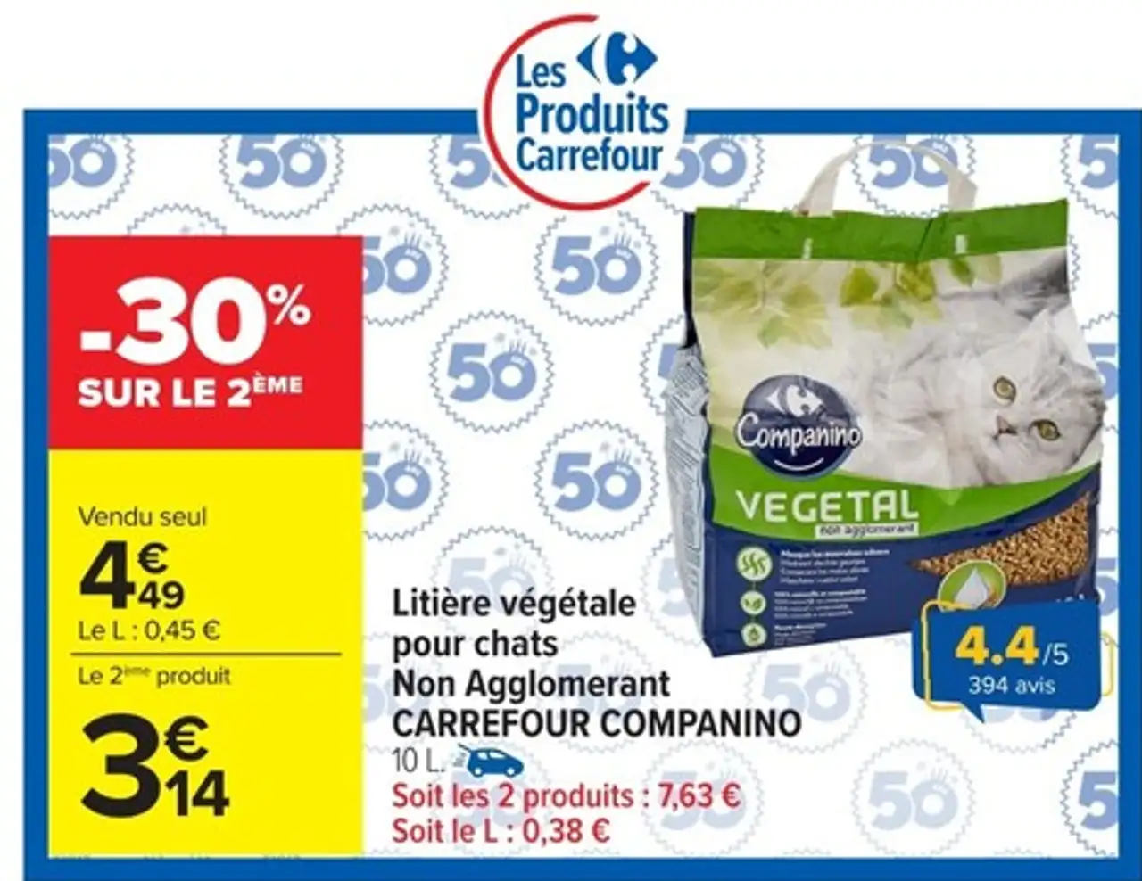 Litière végétale pour chats Non Agglomérant CARREFOUR COMPANINO