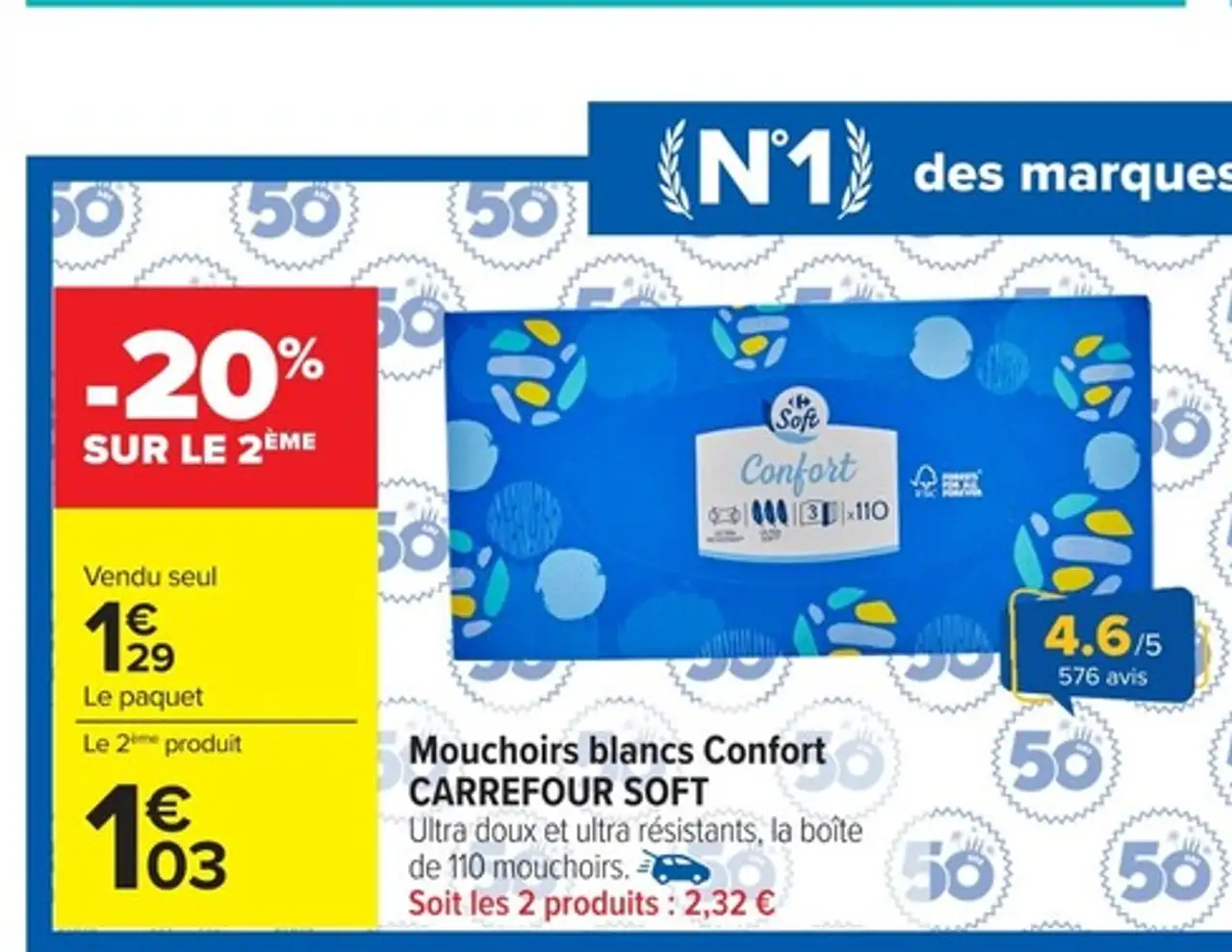 Mouchoirs blancs Confort CARREFOUR SOFT