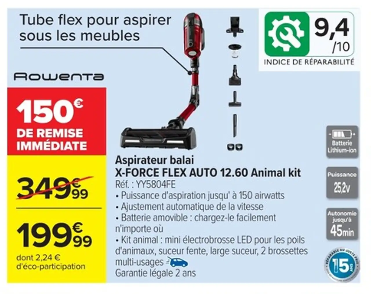 Aspirateur balai Rowenta X-FORCE FLEX AUTO 12.60 Animal Kit