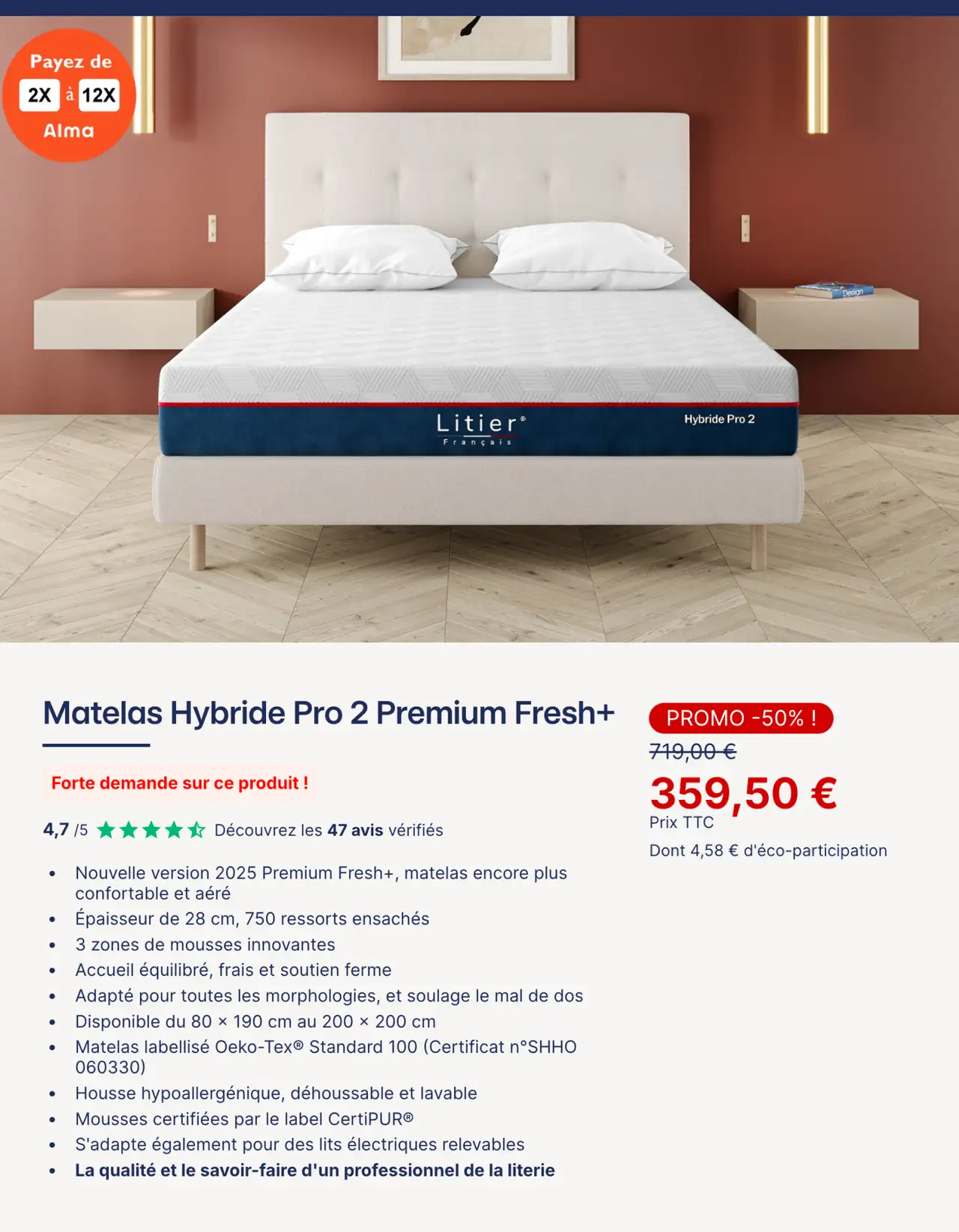 Litier Français Matelas Hybride Pro 2 Premium Fresh+