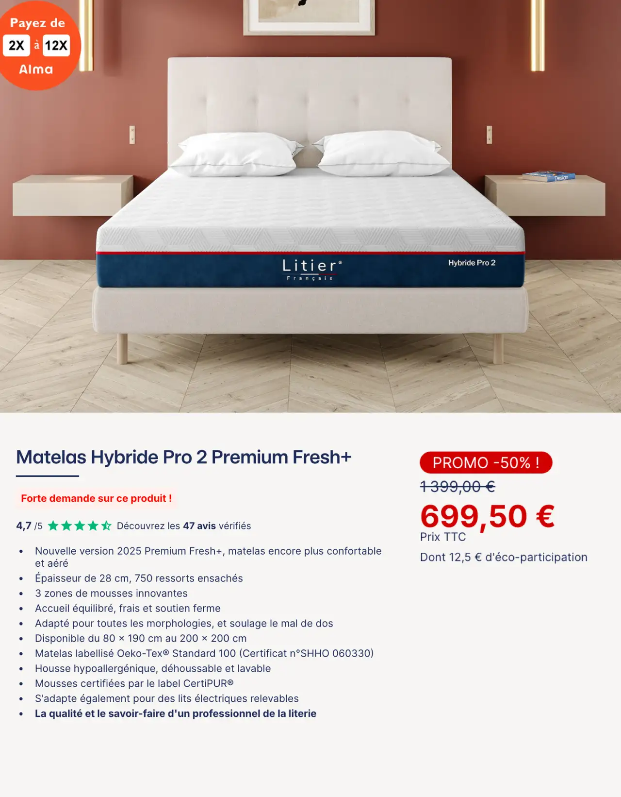 Litier Français Matelas Hybride Pro 2 Premium Fresh+