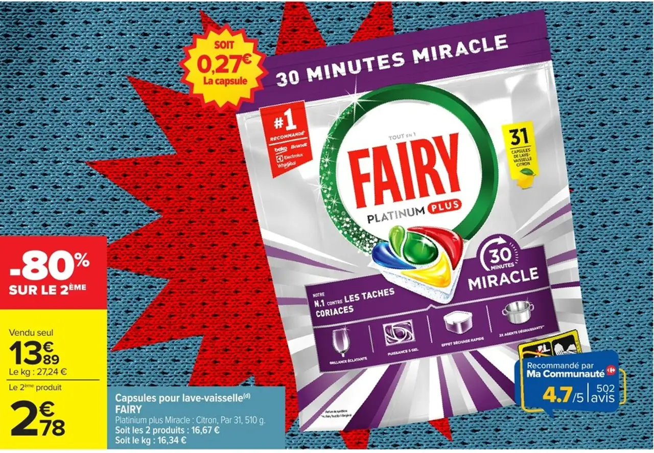 Capsules pour lave-vaisselle FAIRY Platinium plus Miracle