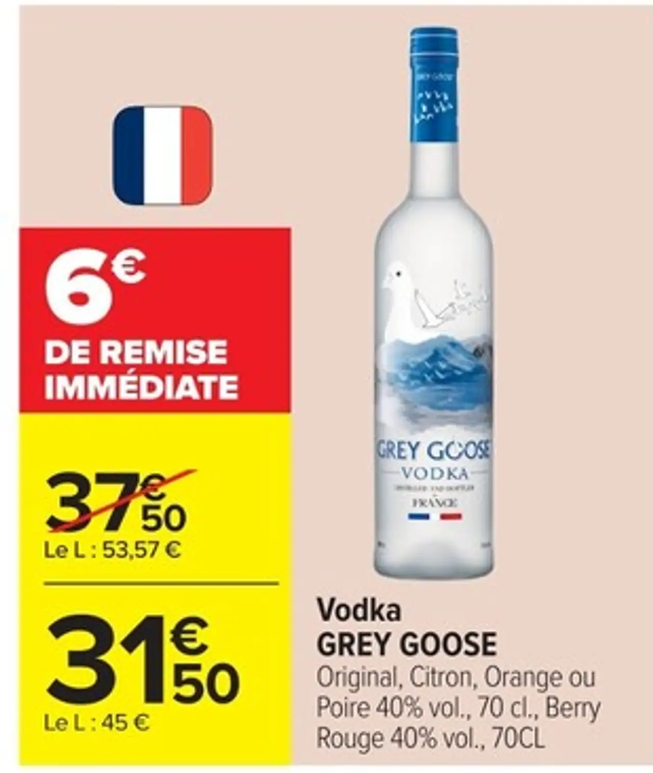Vodka GREY GOOSE Original, Citron, Orange ou Poire 40% vol., Berry Rouge 40% vol.