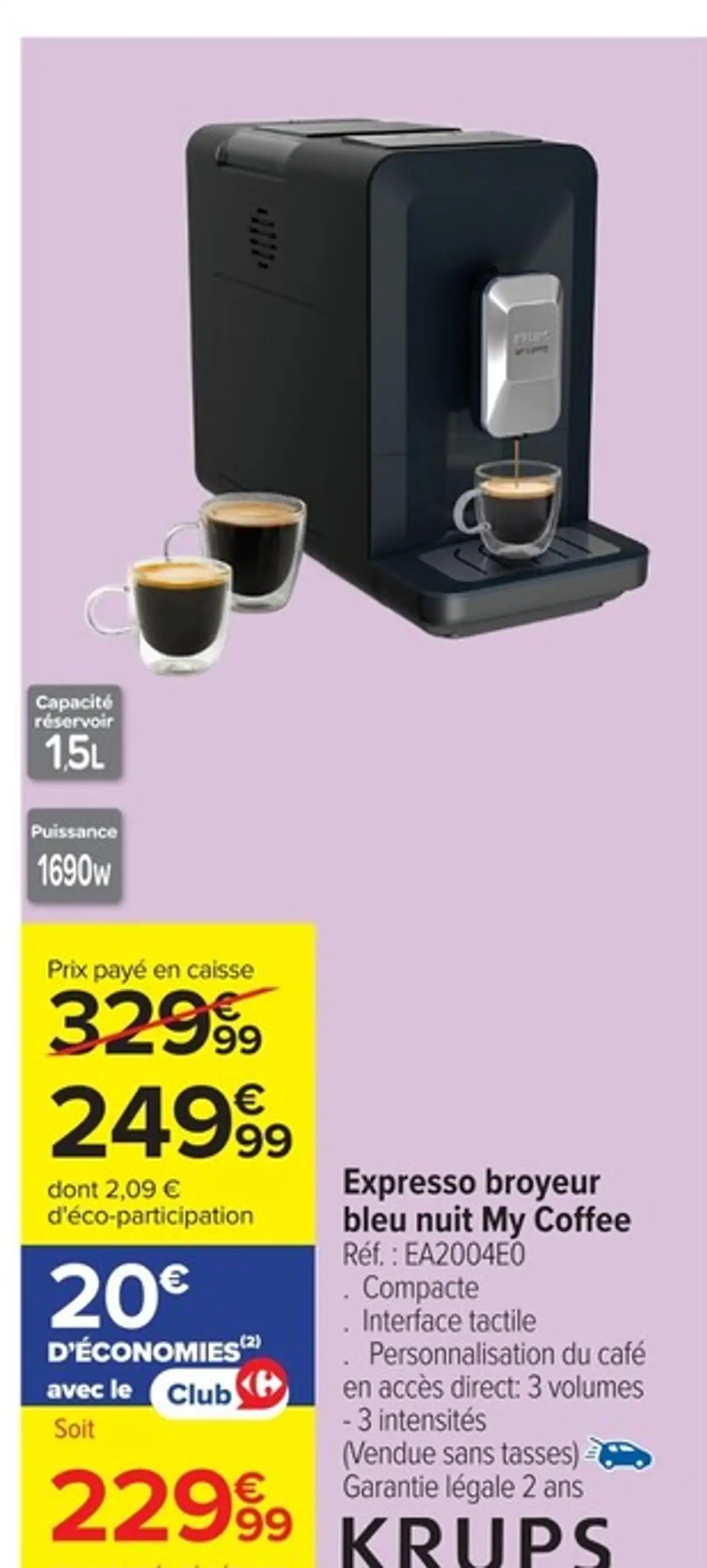 Expresso broyeur bleu nuit My Coffee KRUPS