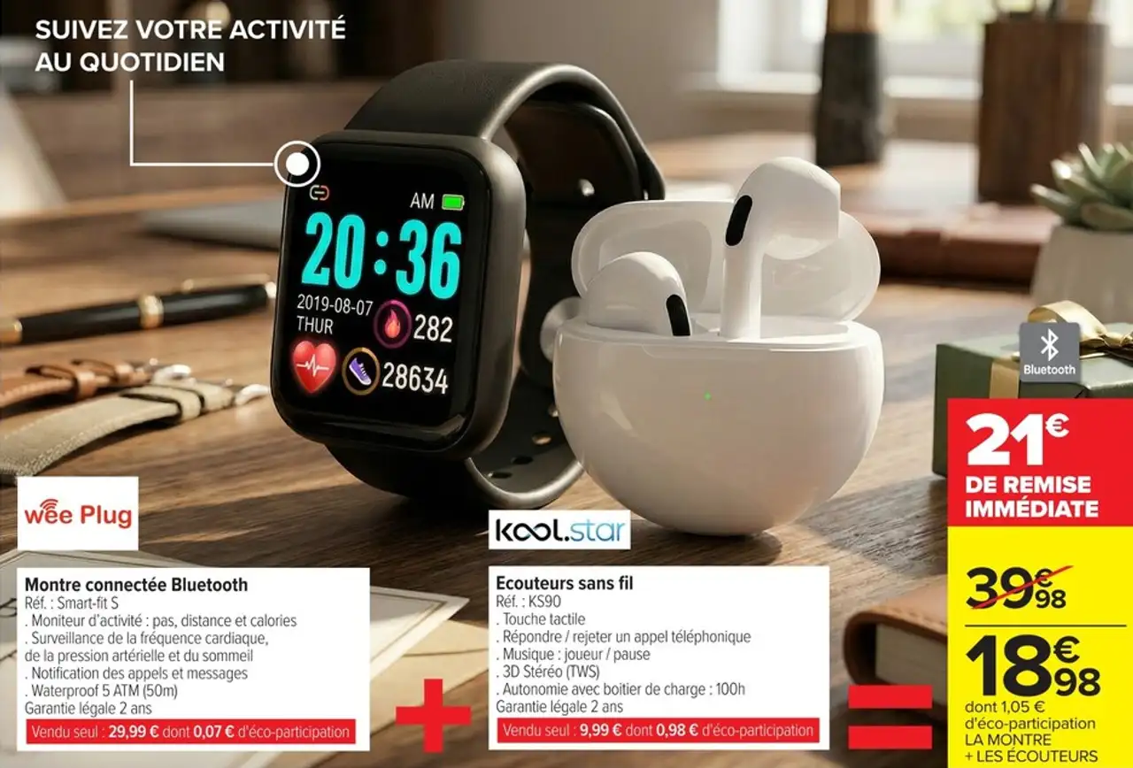 Montre connectée Bluetooth Wee Plug + Ecouteurs sans fil Kool.star