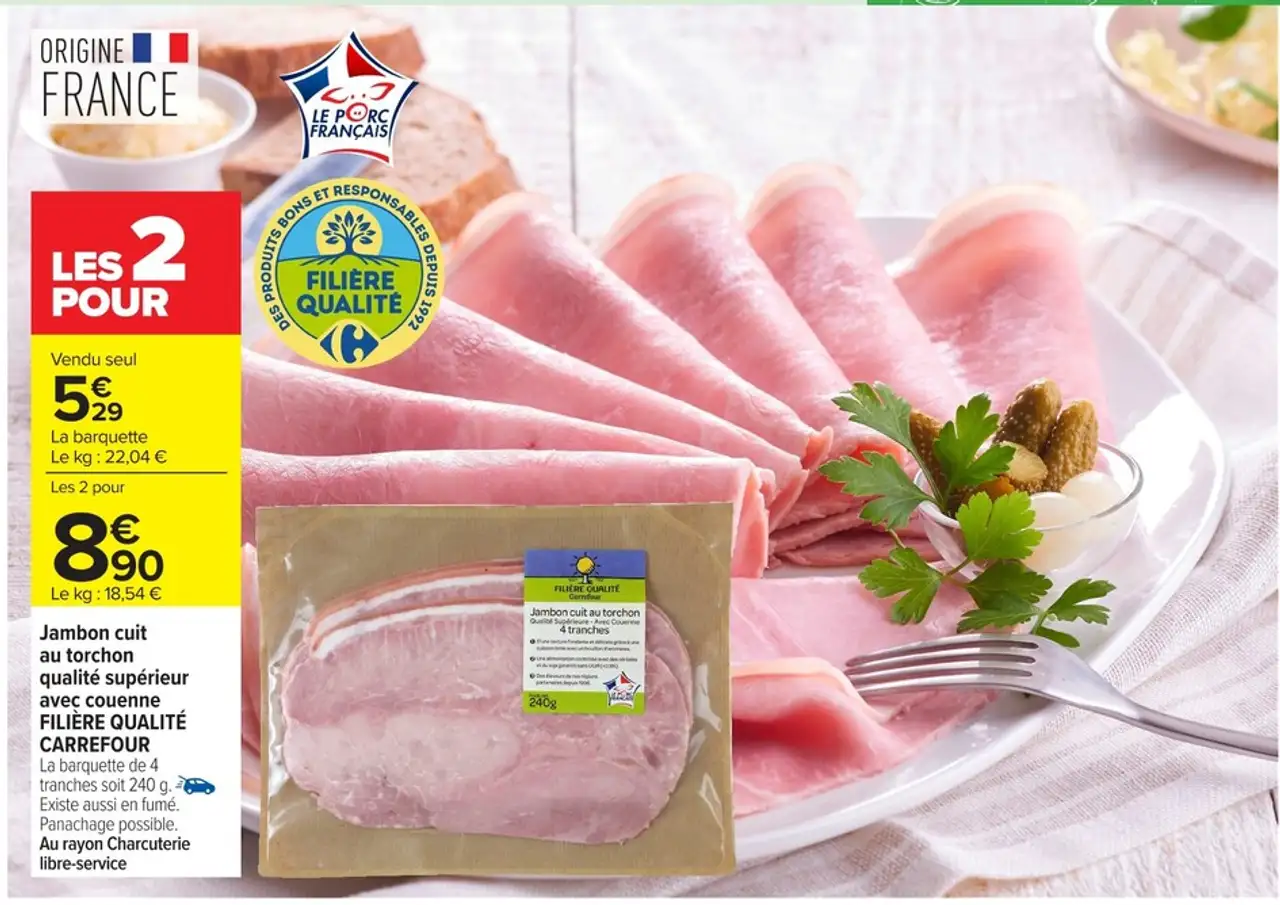 Jambon cuit au torchon qualité supérieur avec couenne FILIÈRE QUALITÉ CARREFOUR
