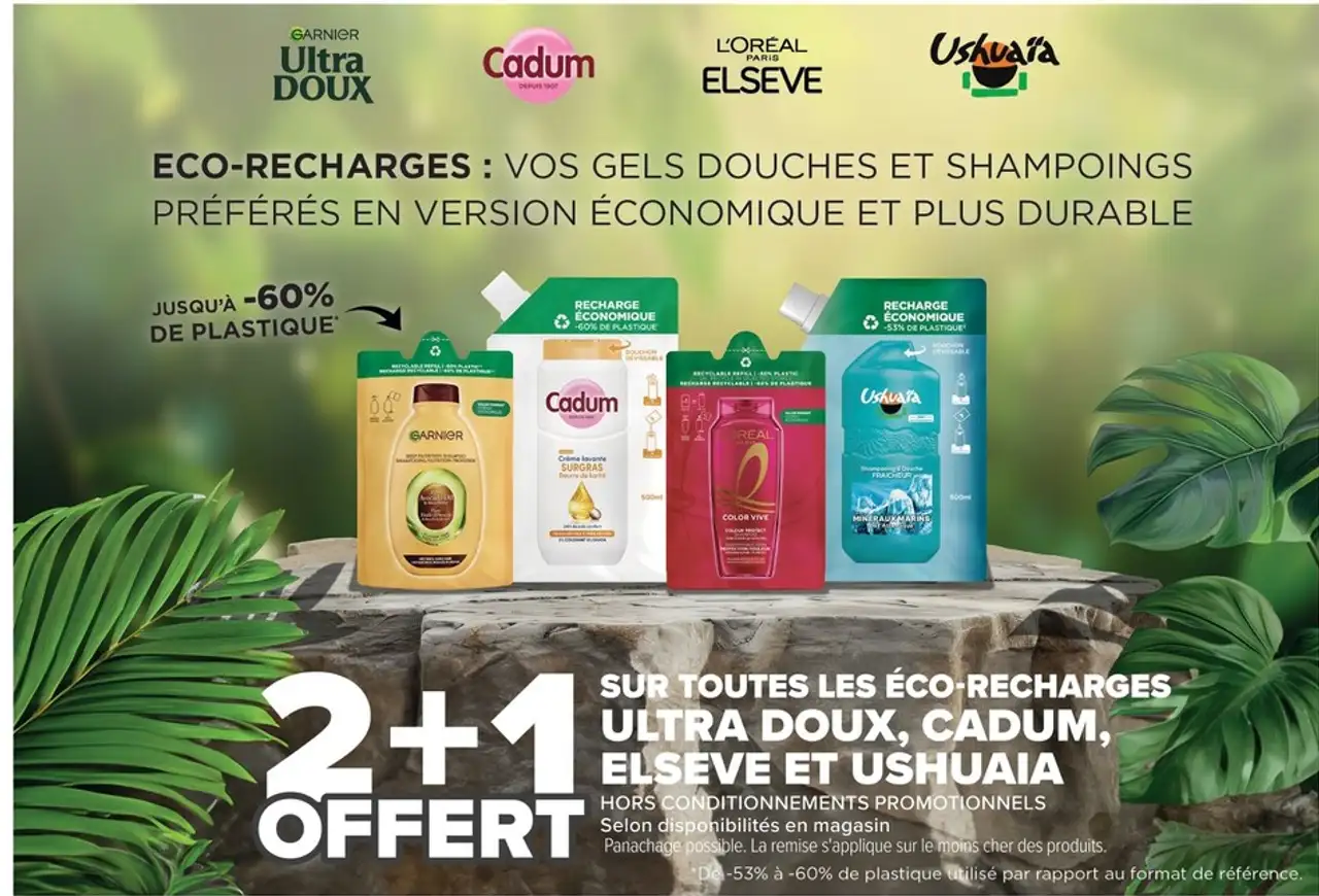 Eco-recharges : vos gels douches et shampoings Garnier Ultra Doux, Cadum, L'Oréal Elsève et Ushuaïa