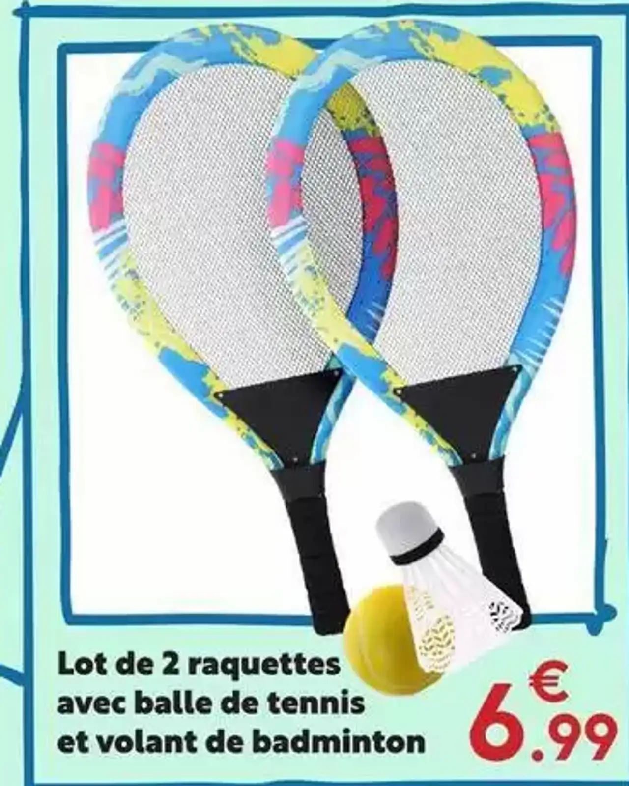 Lot de 2 raquettes avec balle de tennis et volant de badminton