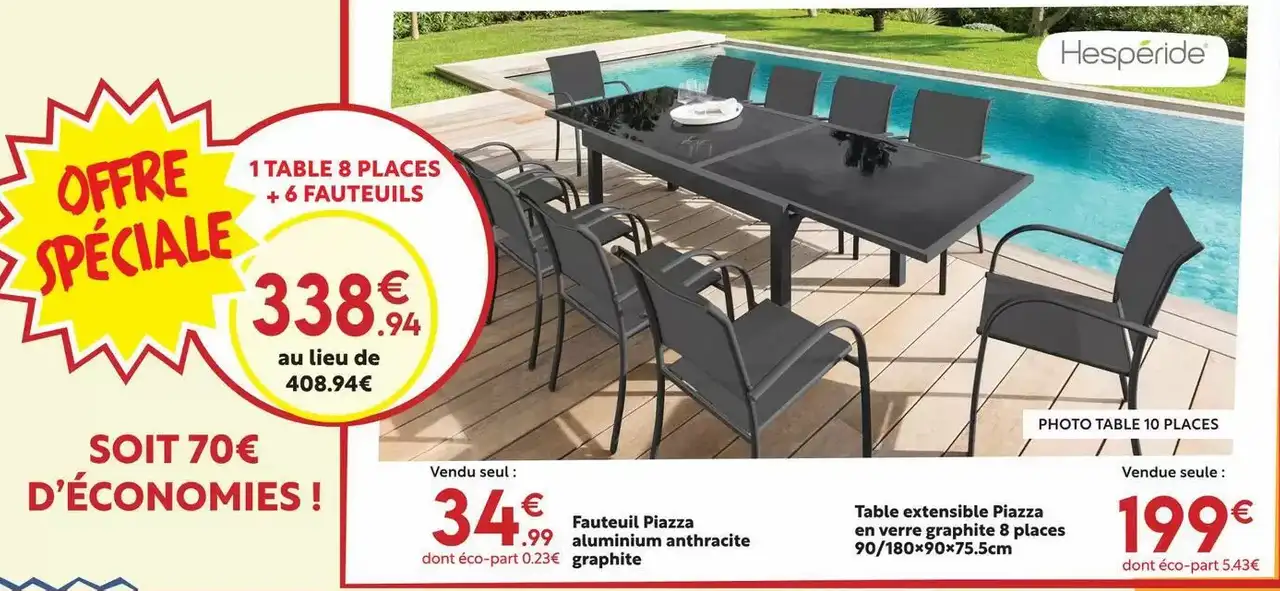 Set Table extensible Piazza en verre graphite 8 places + 6 fauteuils Piazza Hespéride
