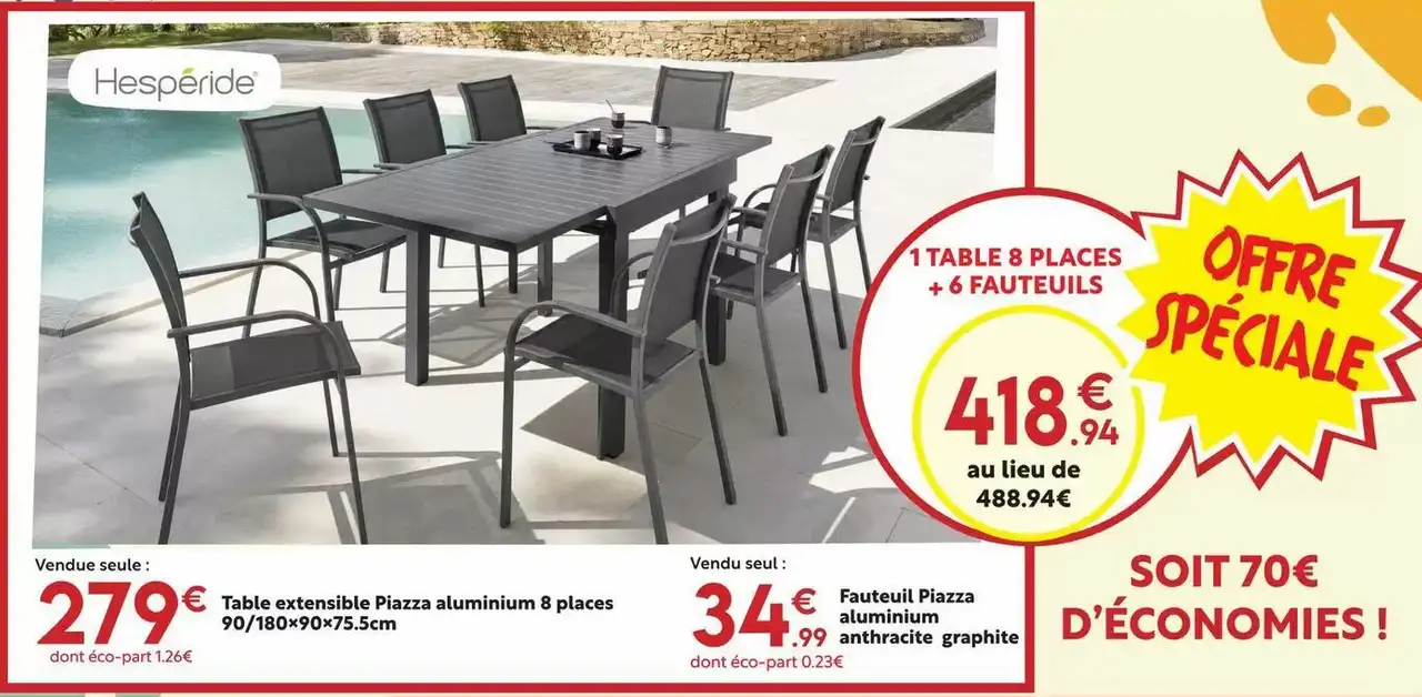 Set Table extensible Piazza aluminium 8 places + 6 fauteuils Piazza Hespéride