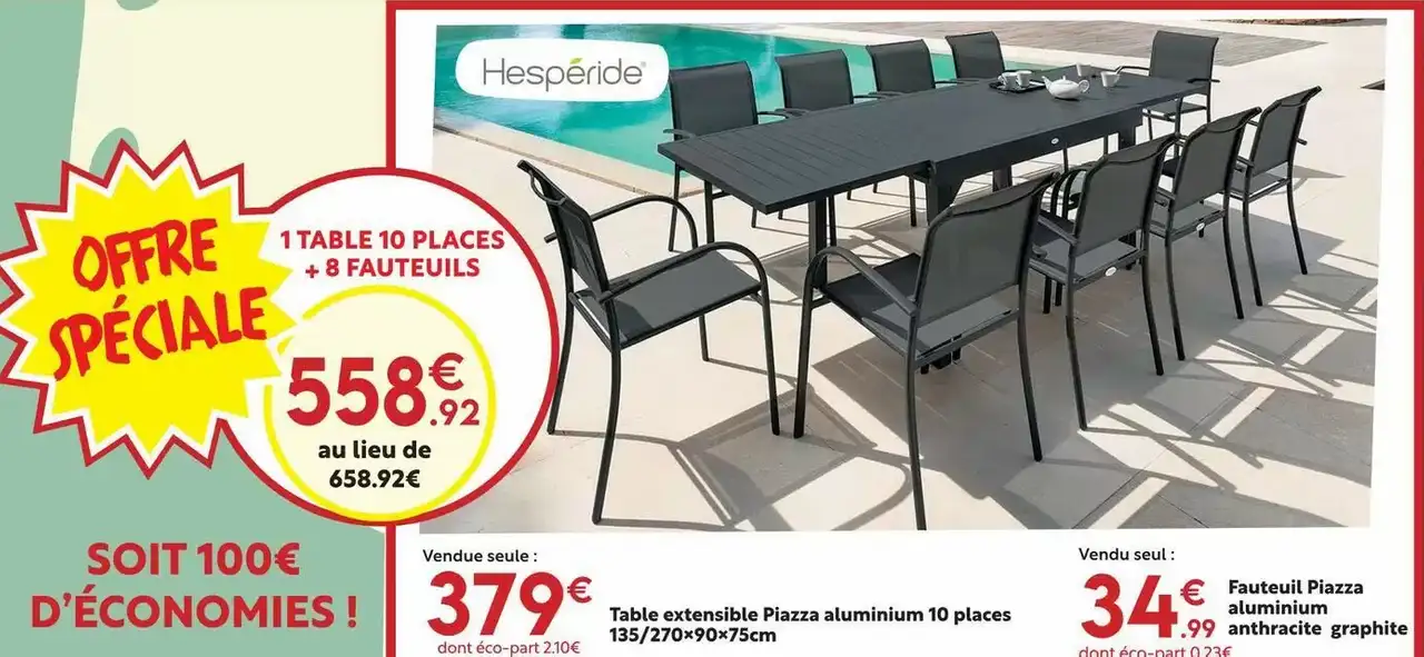 Set Table extensible Piazza aluminium 10 places + 8 fauteuils Piazza Hespéride