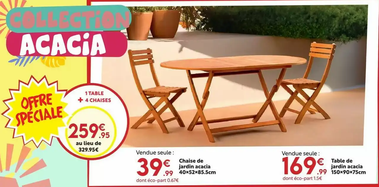 1 Table + 4 Chaises Acacia