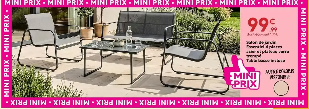 Salon de jardin Essentiel 4 places acier et plateau verre trempé Table basse incluse