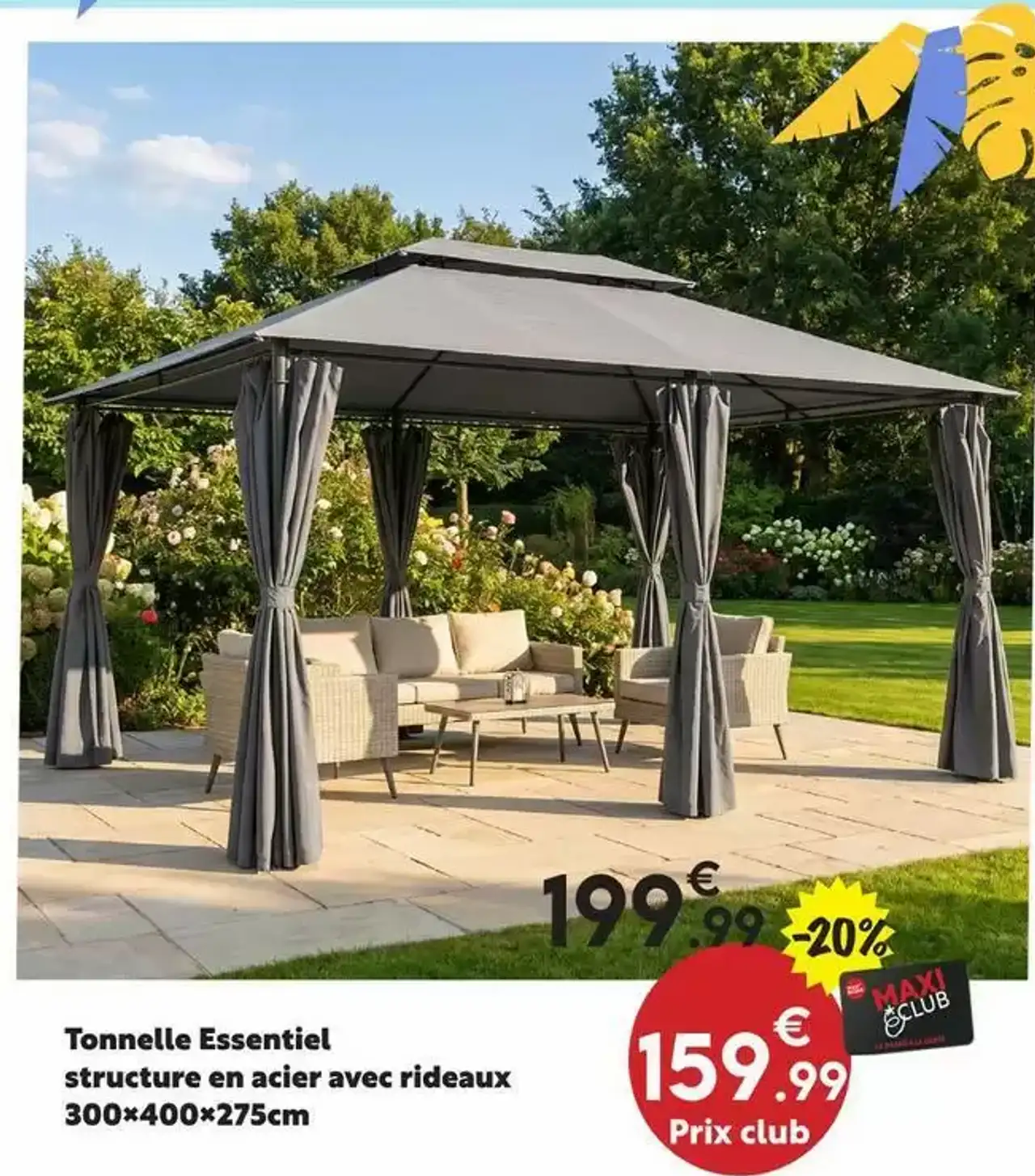 Tonnelle Essentiel structure en acier avec rideaux 300×400×275cm