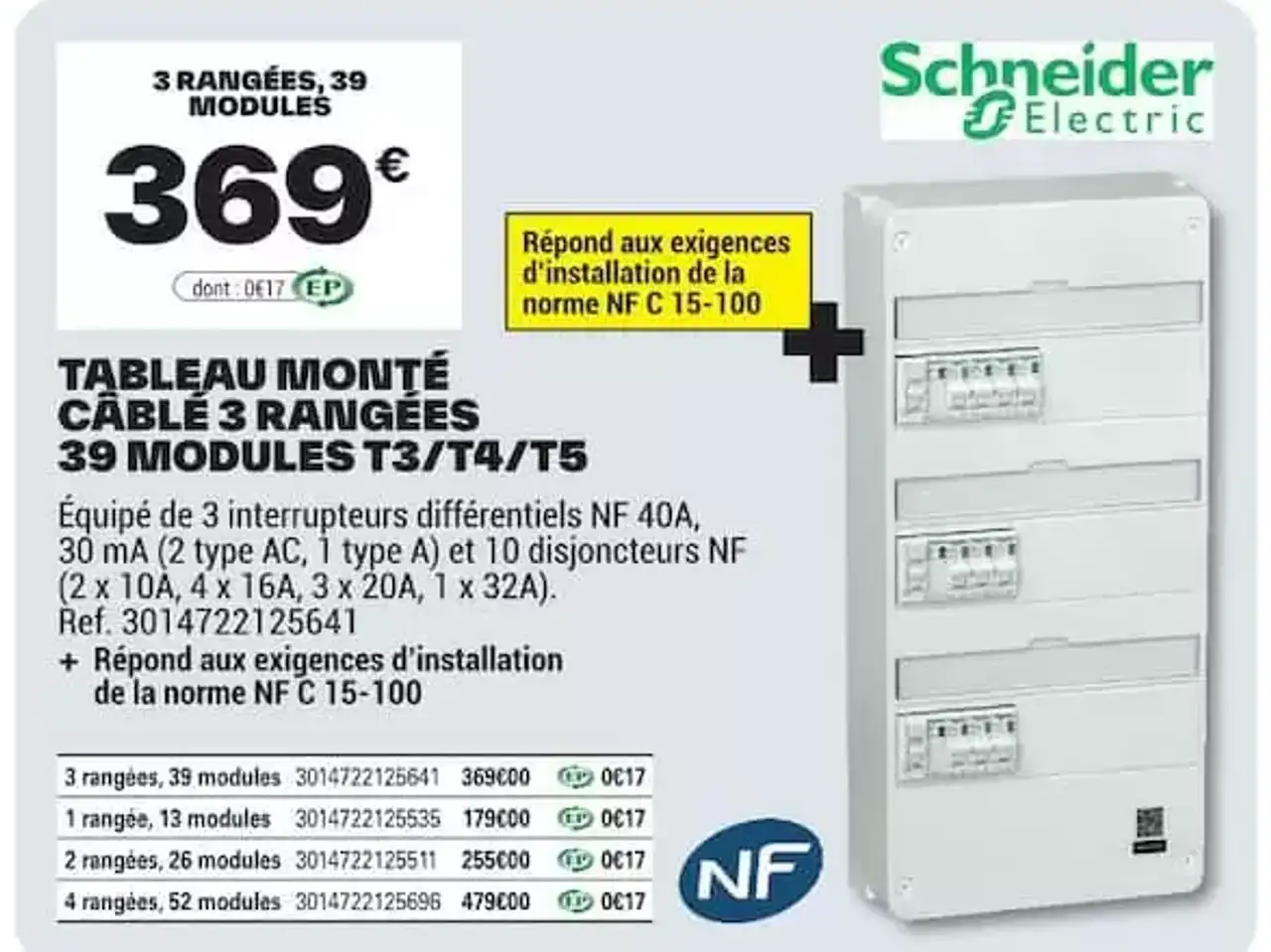 TABLEAU MONTÉ CÂBLÉ 3 RANGÉES 39 MODULES T3/T4/T5 Schneider Electric