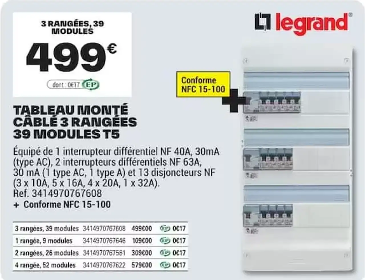 TABLEAU MONTÉ CÂBLÉ 3 RANGÉES 39 MODULES T5 Legrand