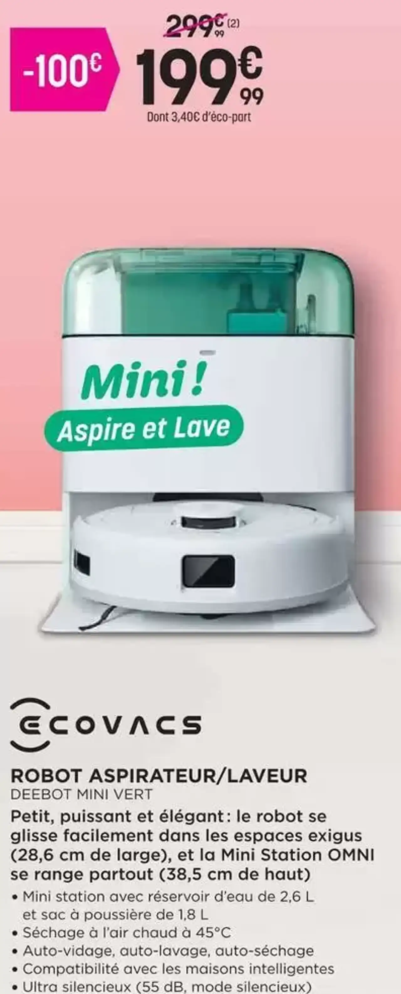 Ecovacs Robot Aspirateur/Laveur Deebot Mini Vert
