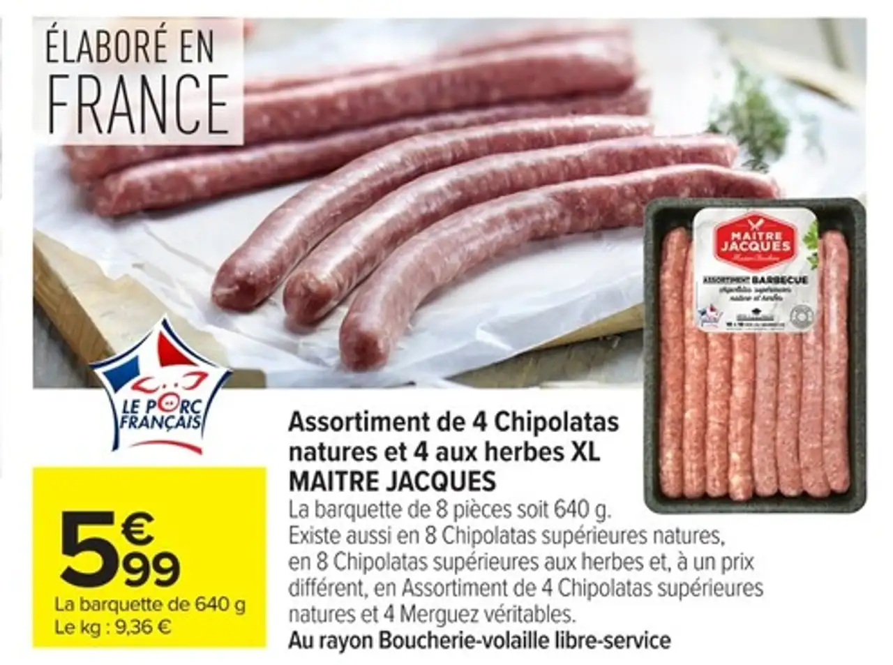 Assortiment de 4 Chipolatas natures et 4 aux herbes XL MAITRE JACQUES