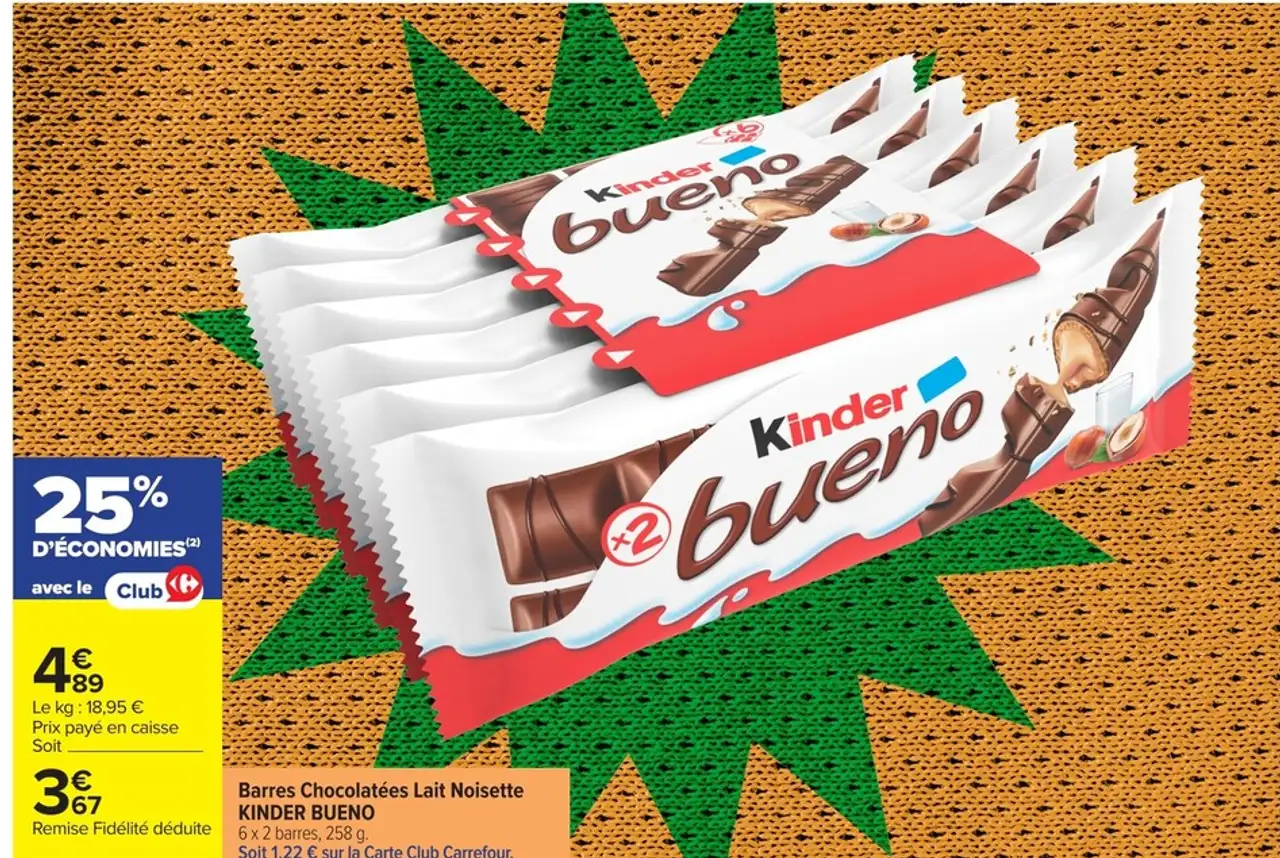 Barres Chocolatées Lait Noisette KINDER BUENO