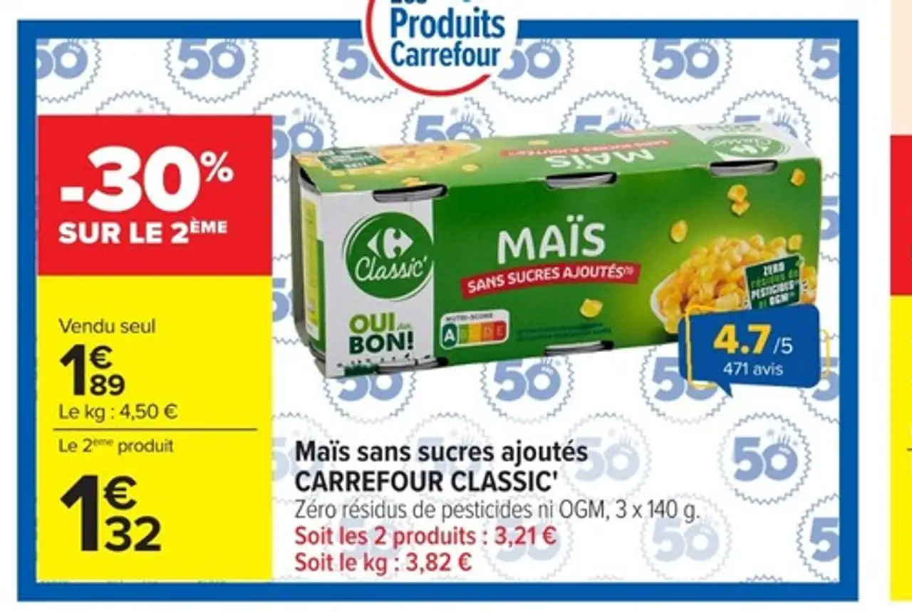 Maïs sans sucres ajoutés CARREFOUR CLASSIC'
