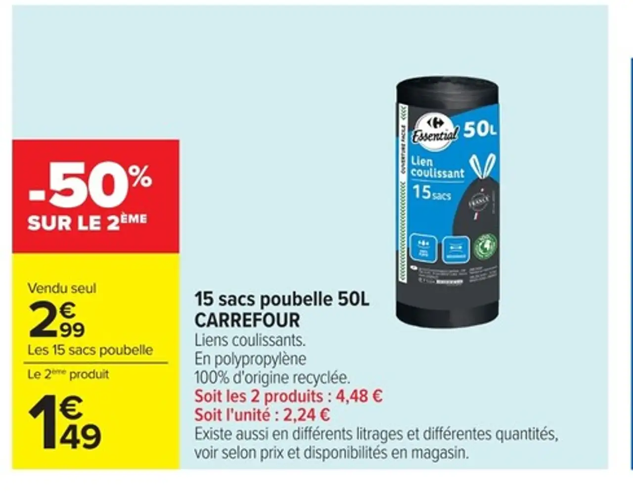 Carrefour 15 sacs poubelle 50L
