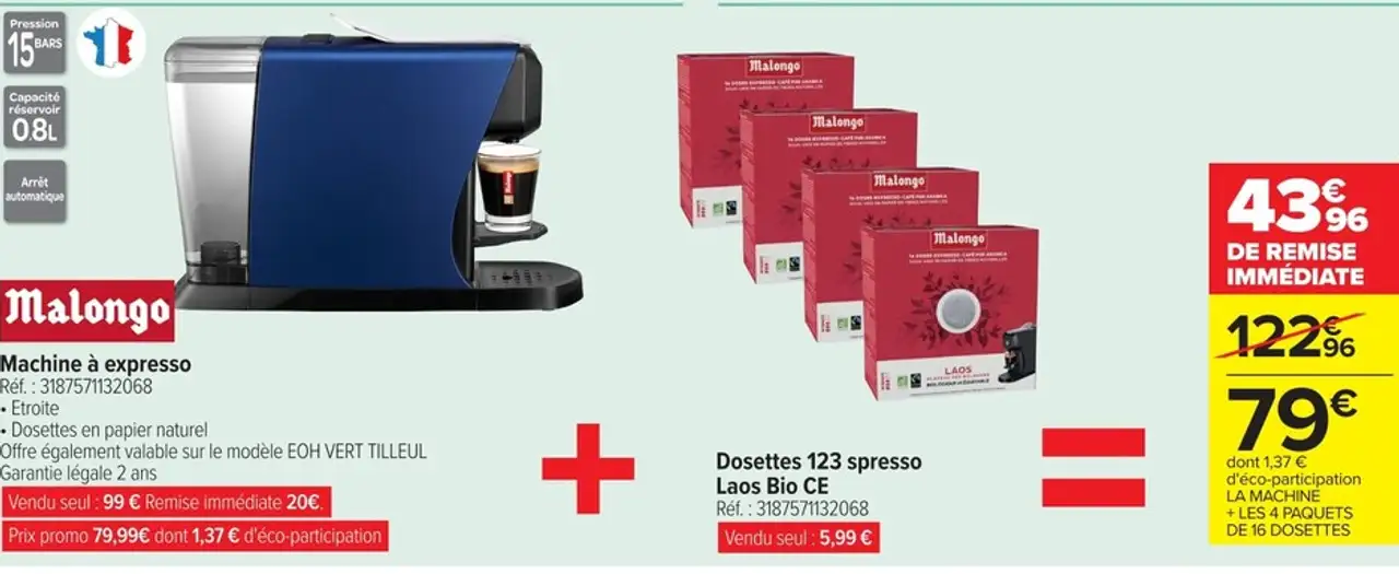 Machine à expresso Malongo + Dosettes 123 spresso Laos Bio CE