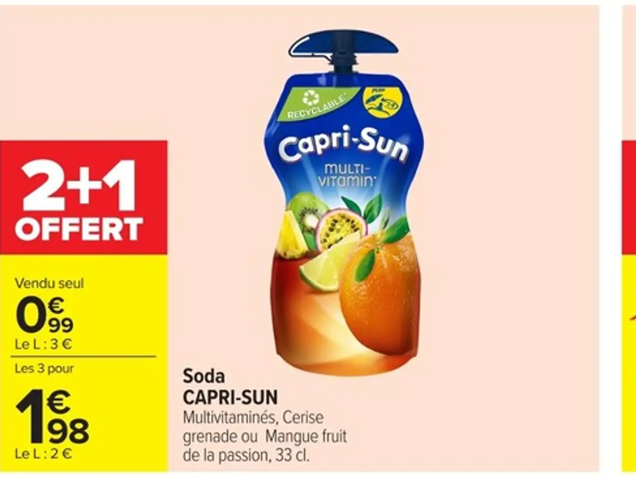 Soda Capri-Sun Multivitaminés, Cerise grenade ou Mangue fruit de la passion