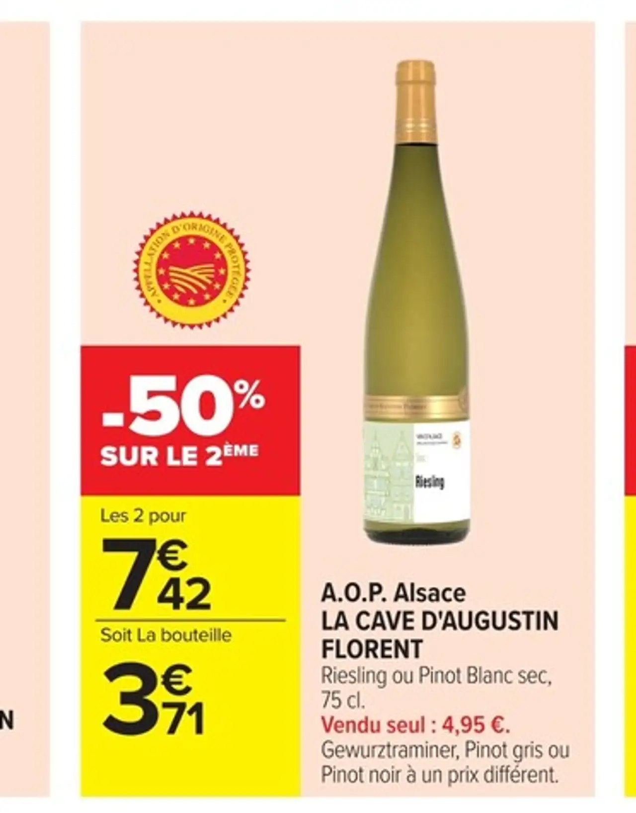 A.O.P. Alsace LA CAVE D'AUGUSTIN FLORENT Riesling ou Pinot Blanc sec, 75 cl.