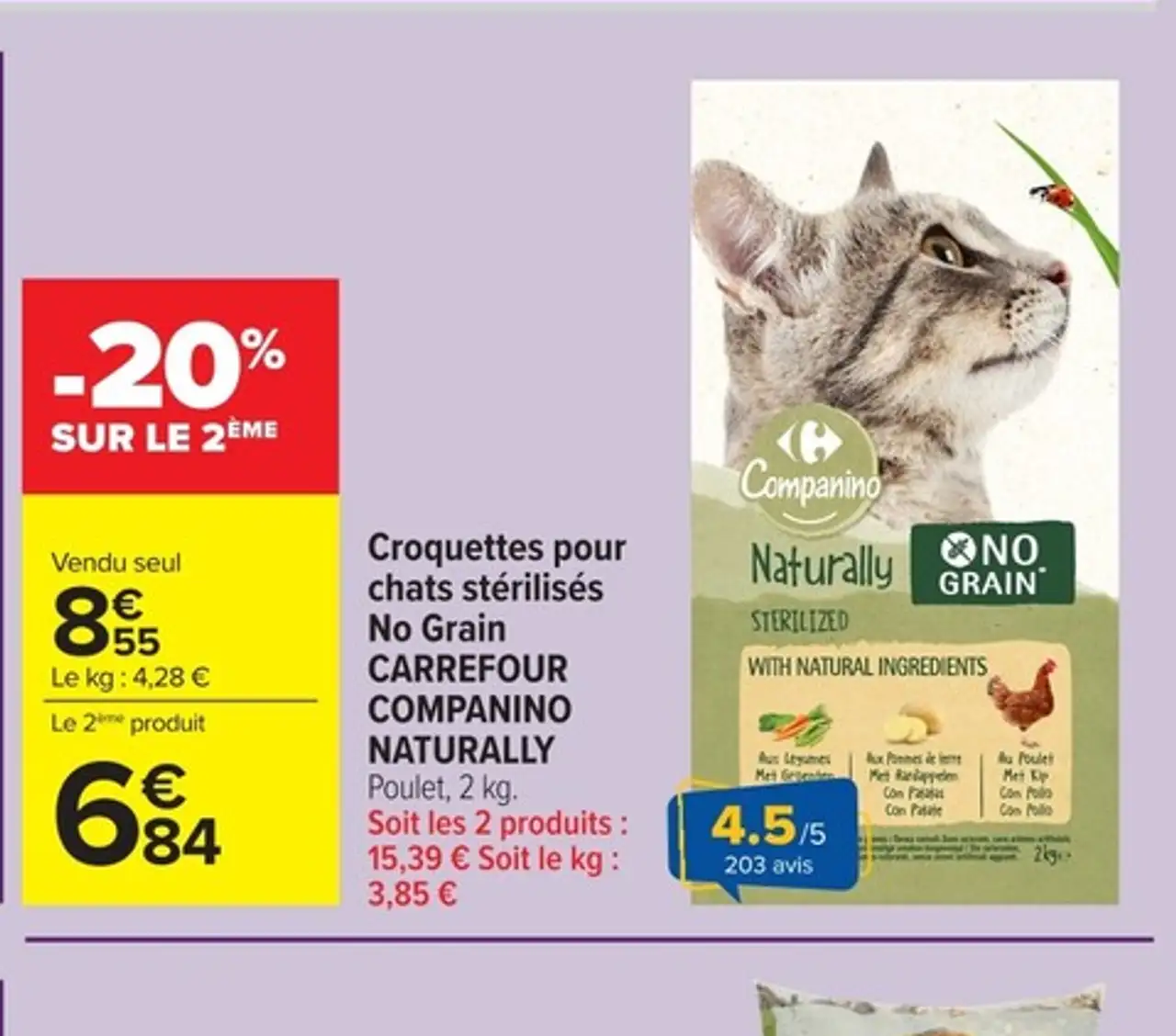 Croquettes pour chats stérilisés No Grain CARREFOUR COMPANINO NATURALLY