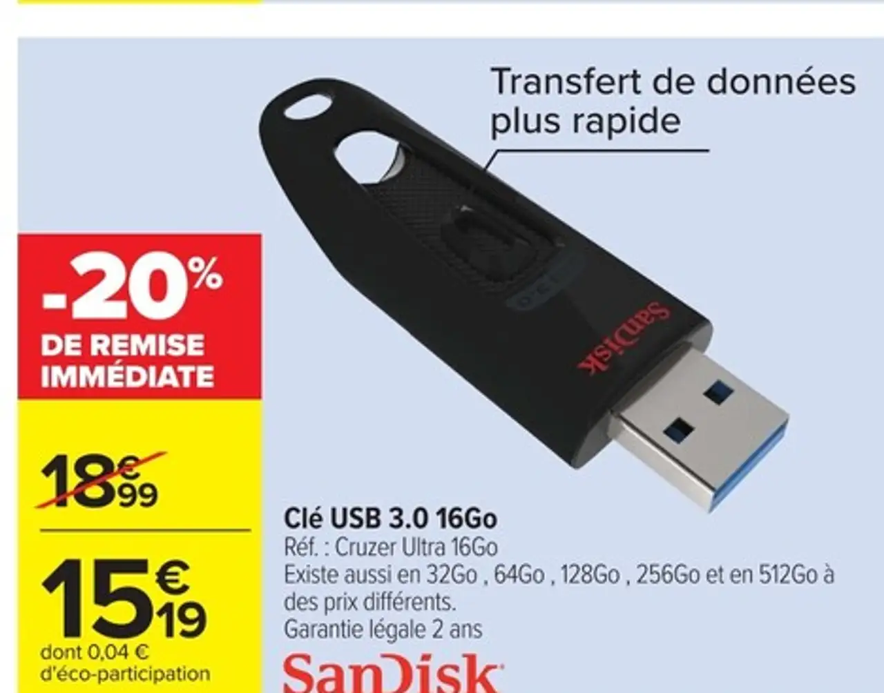 Clé USB 3.0 16Go SanDisk Réf. : Cruzer Ultra 16Go