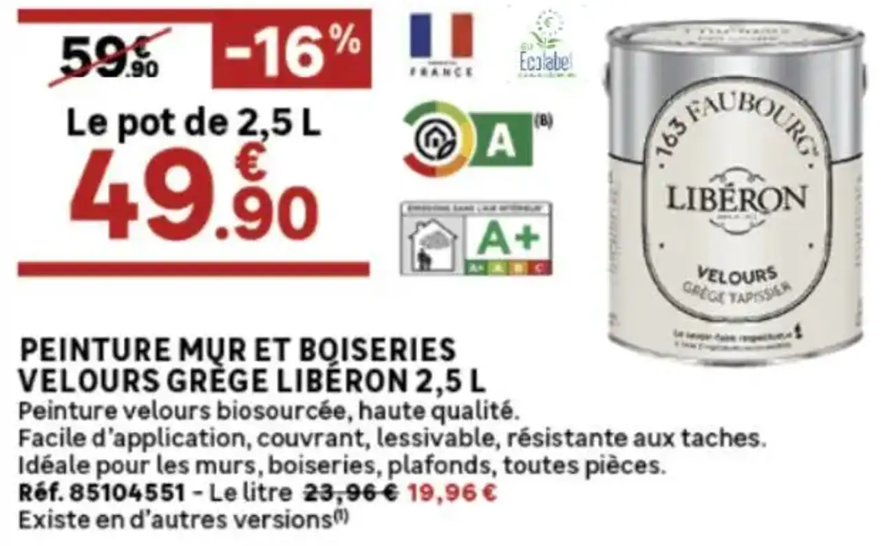 Peinture mur et boiseries velours grège Libéron 2,5 L