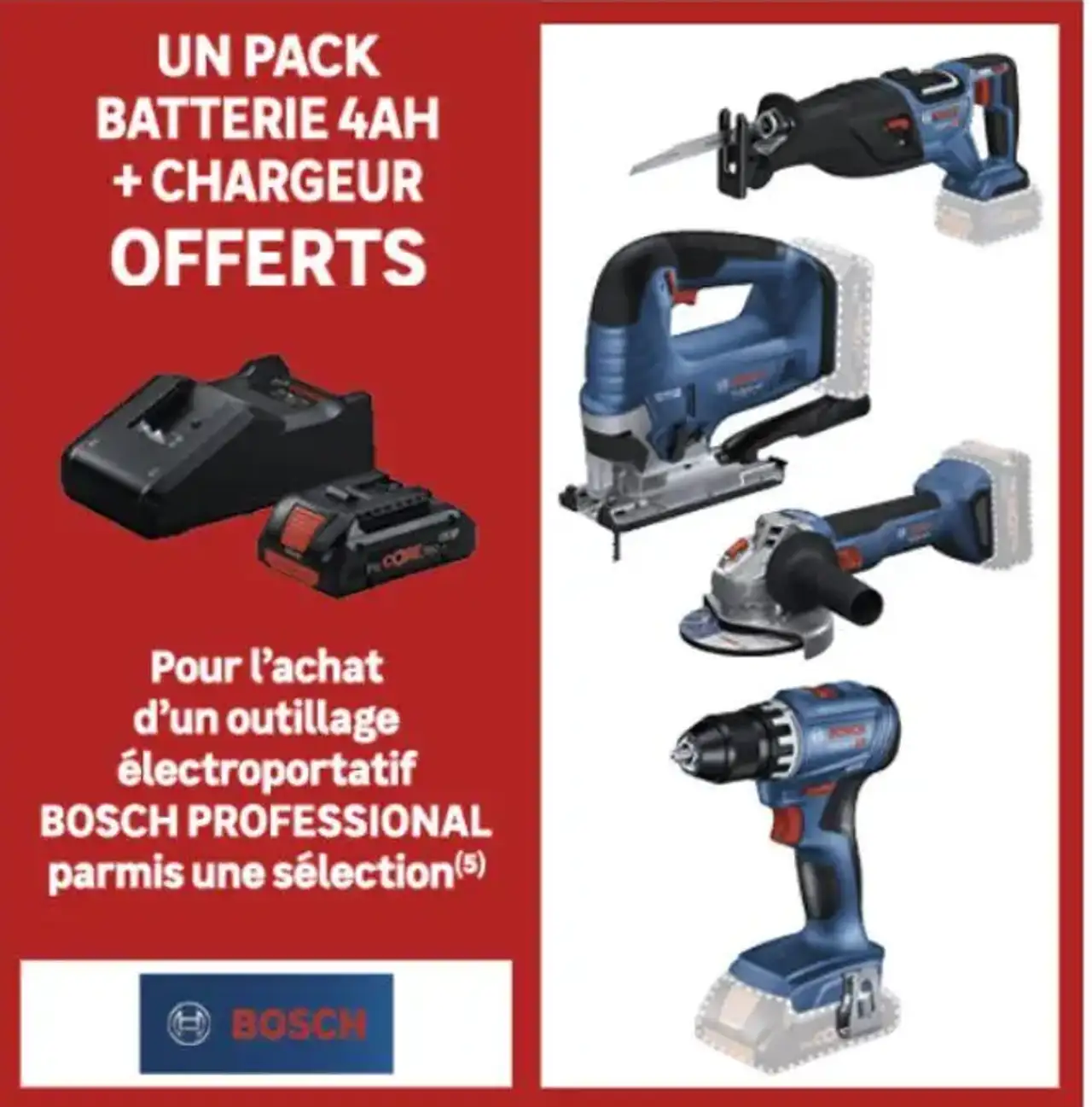 Un pack batterie 4Ah + chargeur offerts Bosch Professional