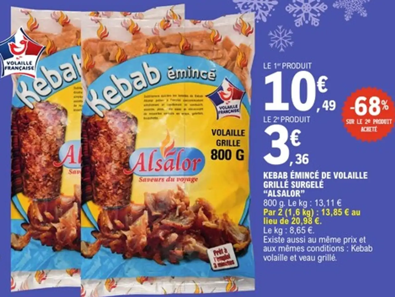 Kebab Émincé de Volaille Grillé Surgelé Alsalor