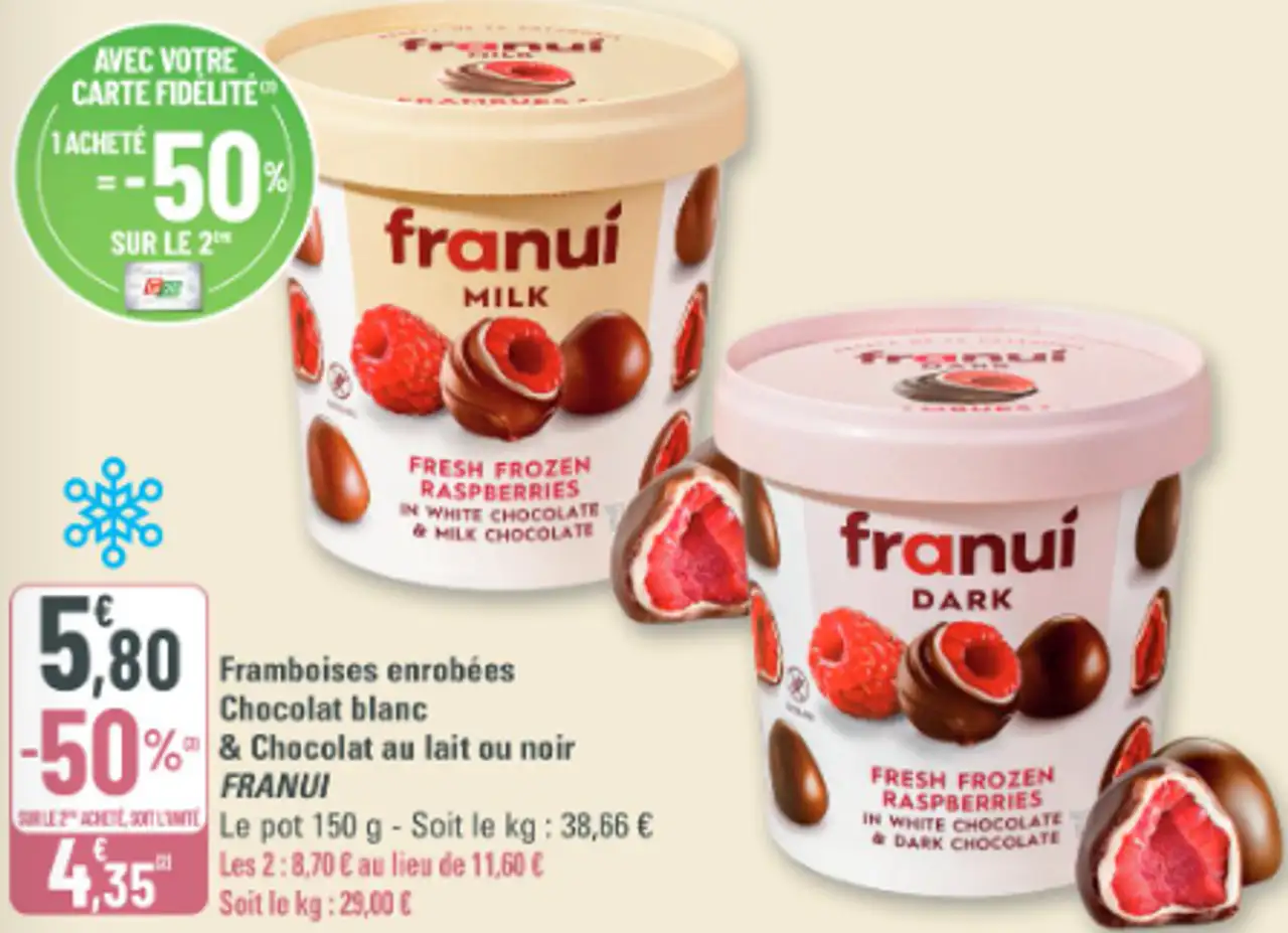 Framboises enrobées Chocolat blanc & Chocolat au lait ou noir Franuí