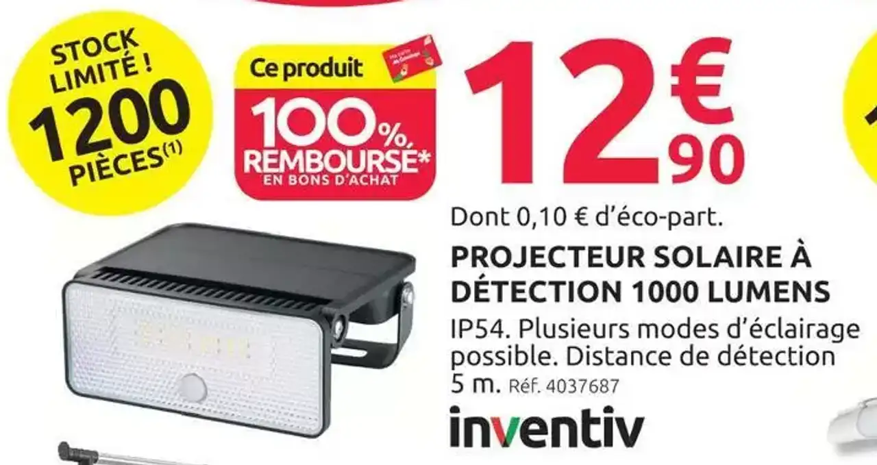 Projecteur solaire à détection 1000 lumens Inventiv