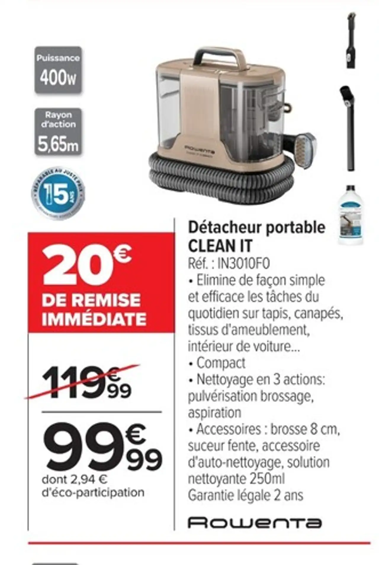 Détacheur portable CLEAN IT Rowenta Réf. : IN3010F0