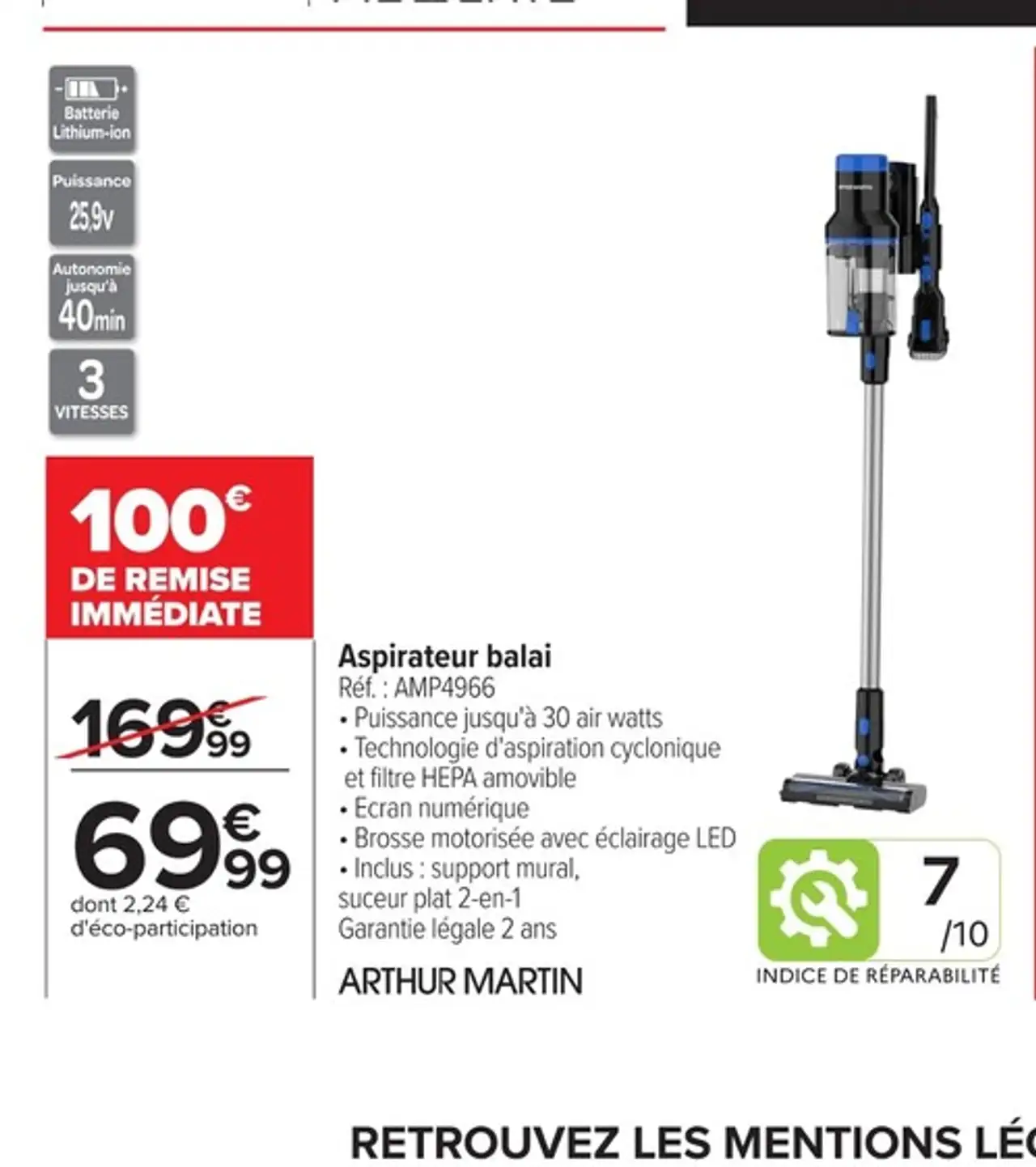 Aspirateur balai Arthur Martin Réf. : AMP4966