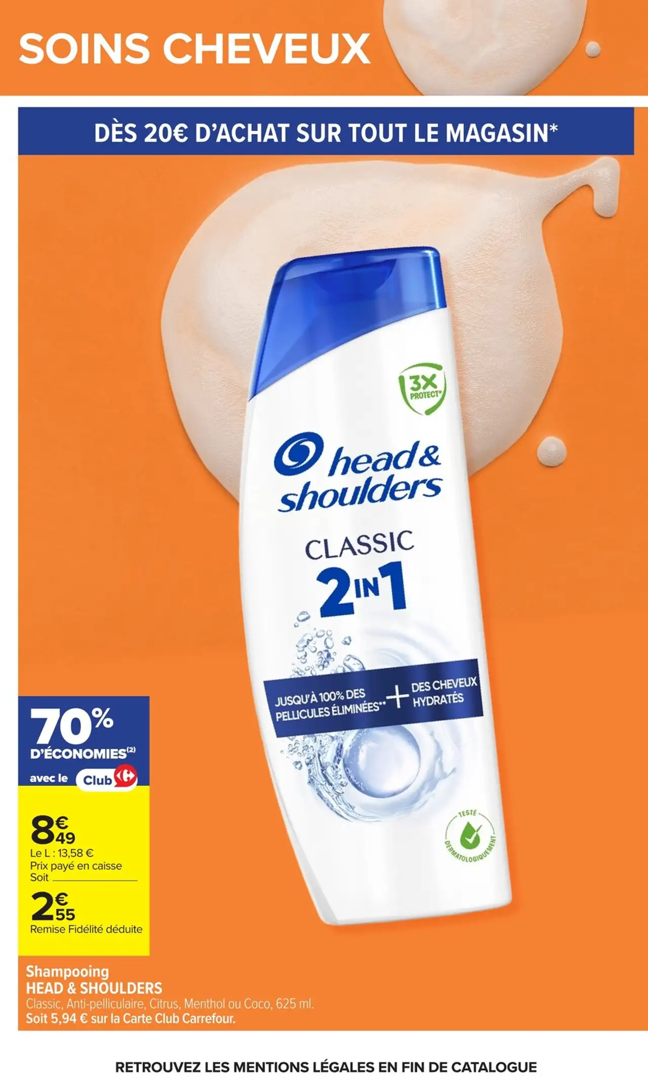 Shampooing HEAD & SHOULDERS Classic, Anti-pelliculaire, Citrus, Menthol ou Coco