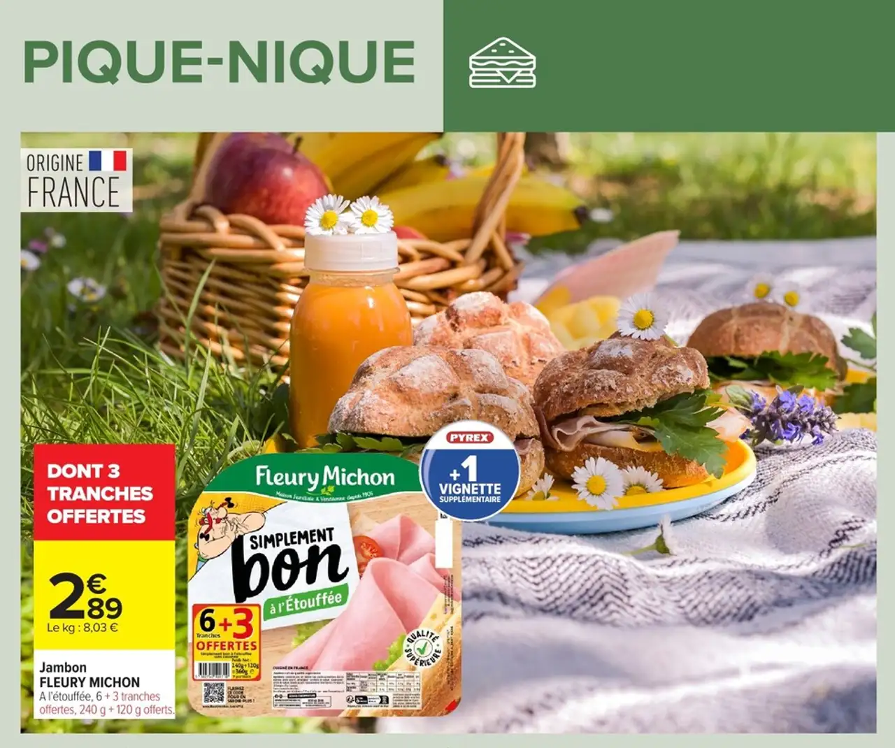 Jambon FLEURY MICHON A l'étouffée, 6 + 3 tranches offertes
