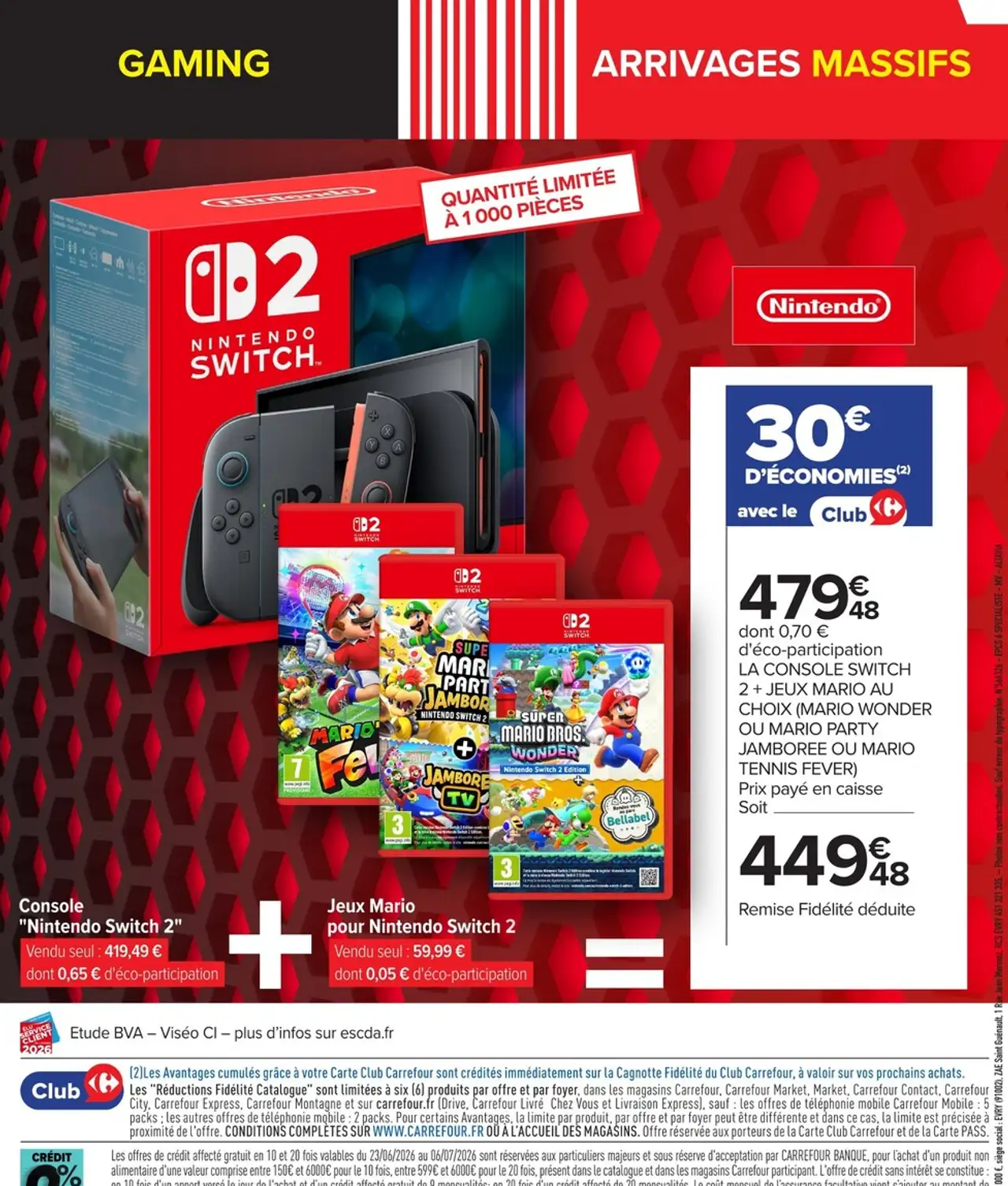 Nintendo Switch 2 + 2 jeux Mario au choix (Mario Wonder ou Mario Party Jamboree ou Mario Tennis Fever)