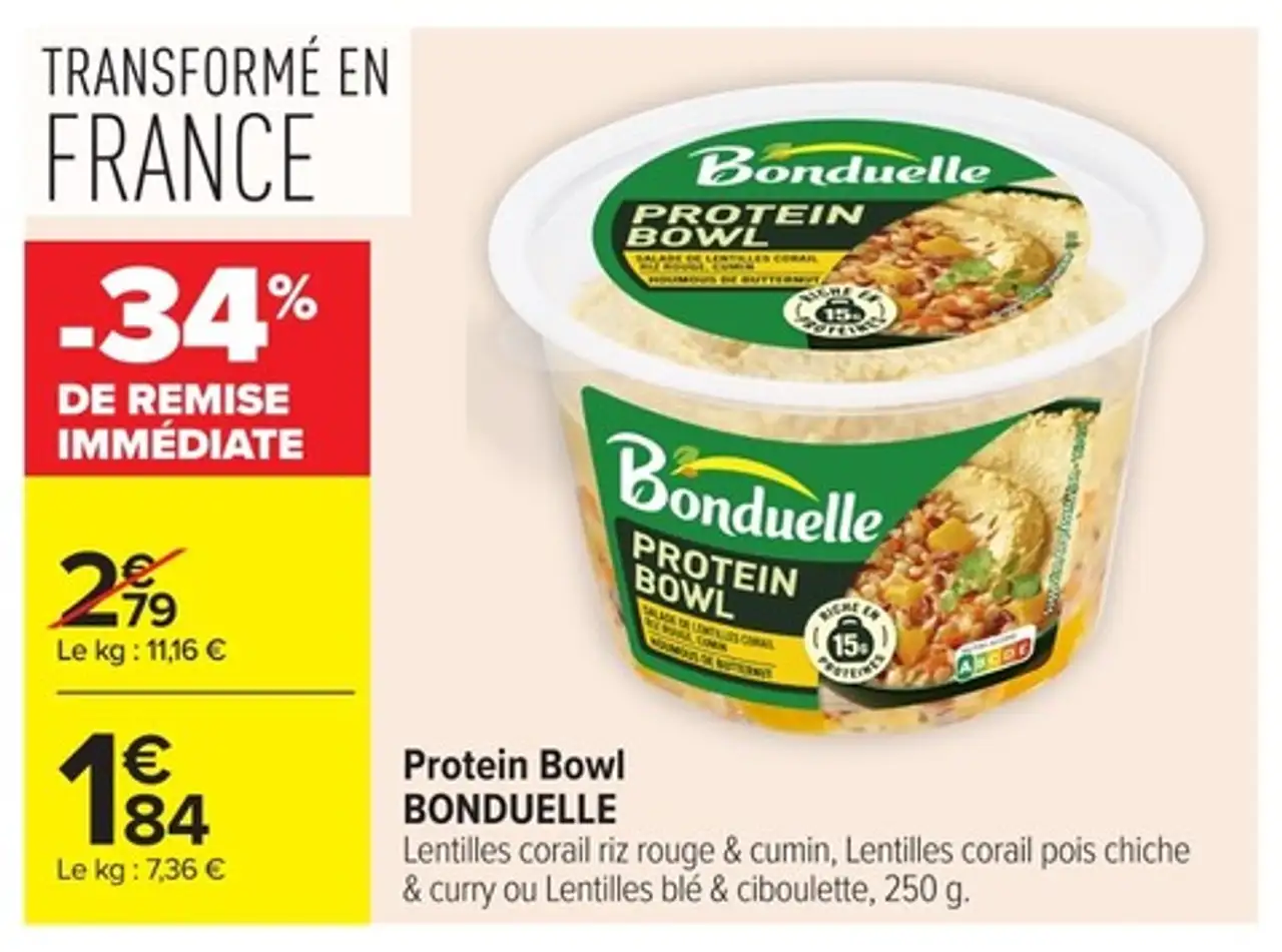 Protein Bowl BONDUELLE Lentilles corail riz rouge & cumin, Lentilles corail pois chiche & curry ou Lentilles blé & ciboulette, 250 g.